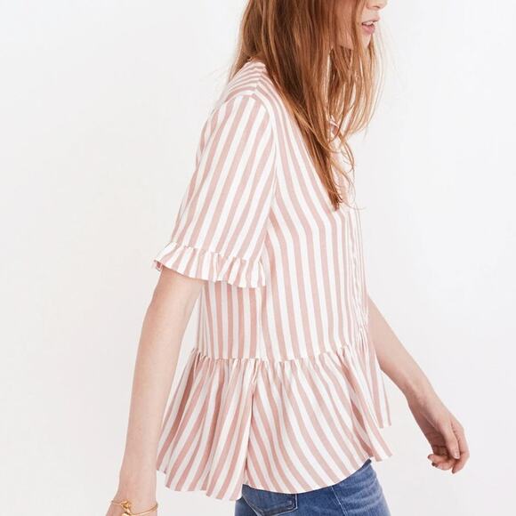 Madewell Peplum Button Down Top Red White Striped Ruffle Sleeve Blouse S - Picture 7 of 7